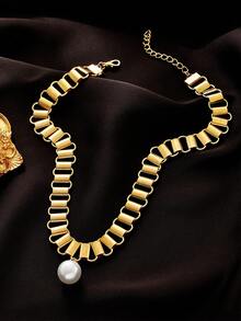 1件流行歐美風格金屬扣和珍珠吊墜裝飾誇張頸鍊,適合度假派對、禮物和日常佩戴