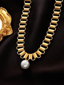 1件流行歐美風格金屬扣和珍珠吊墜裝飾誇張頸鍊,適合度假派對、禮物和日常佩戴