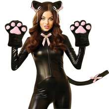 5入組貓咪cosplay服裝,包含貓耳朵和尾巴以及項圈、貓爪手套,適用於派對裝扮 - 黑色 - 查看 1