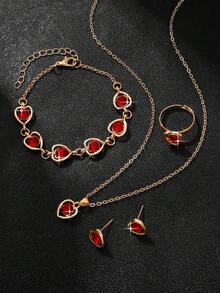 5入組復古紅色愛心鑽石珠寶套裝,適用於女性日常穿搭