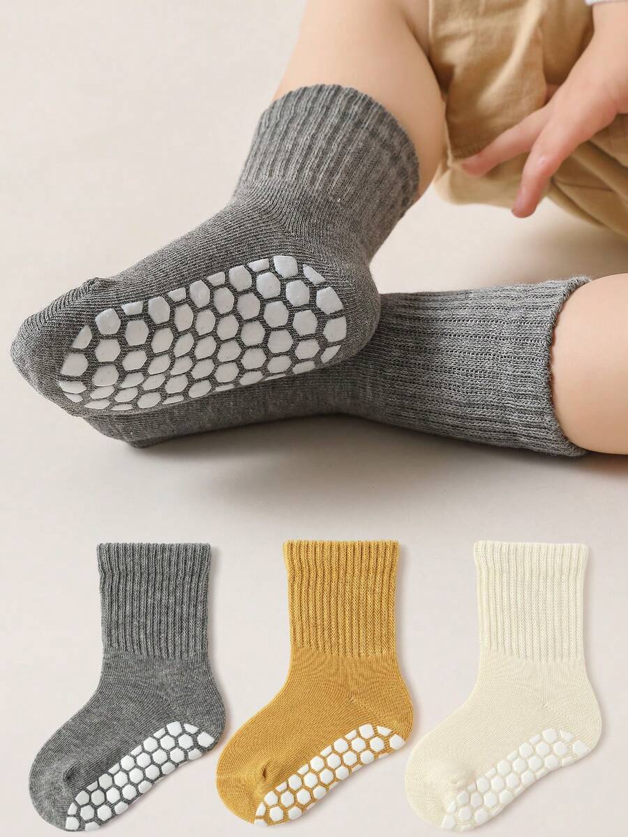 3pairs/set Infant Non-slip Gel Socks With Vertical Stripes & Ruffle Cuff & Round Collar, Comfortable And Versatile For Everyday Wear - Multicolor - View 1