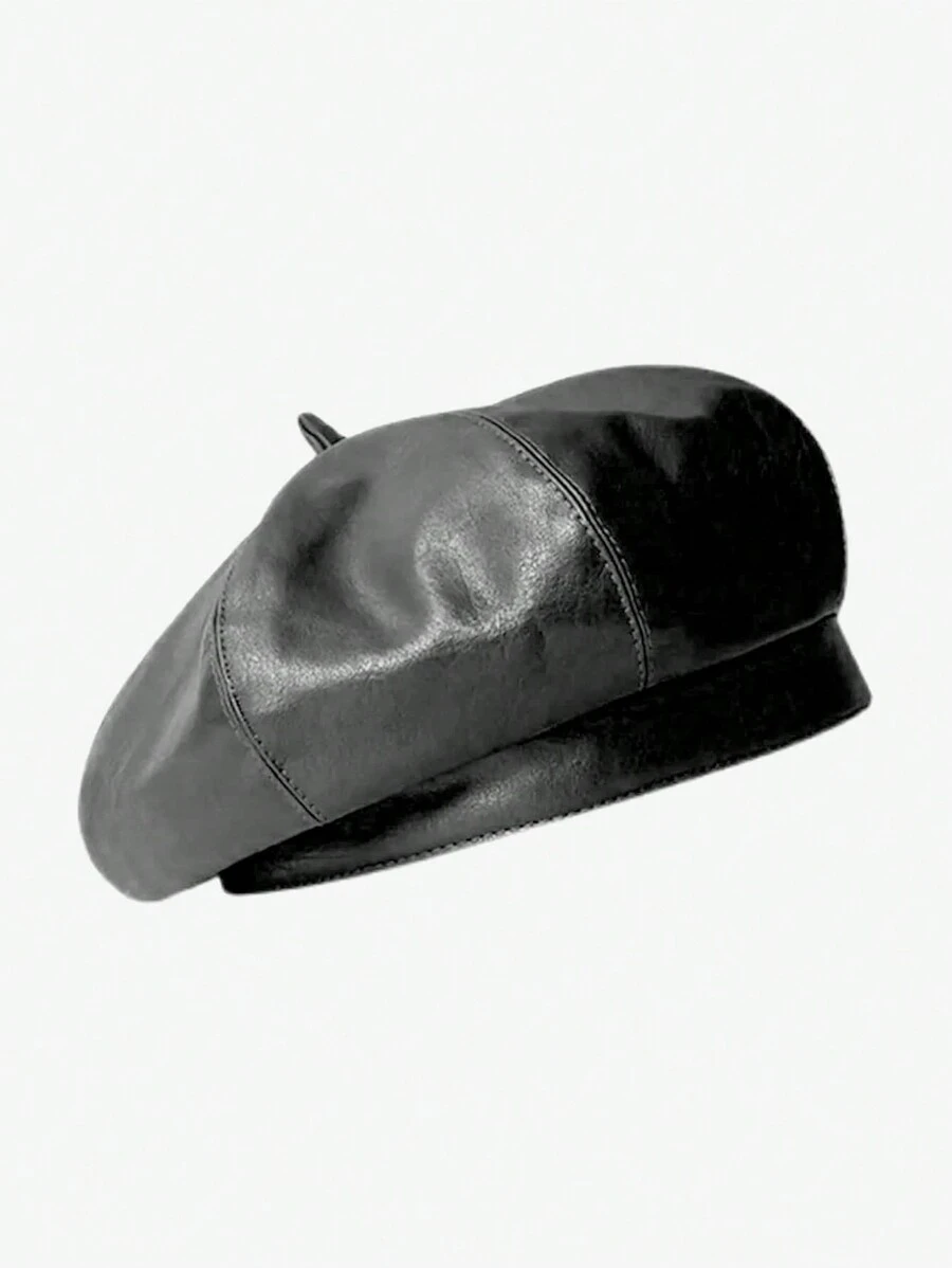 1件女式純色pu皮貝雷帽,黑色復古英式八角帽,休閒風格 - 黑色 - 查看 1