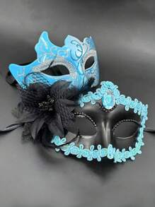 Blue Multi-angle Painted Mask & Side Flowered Little Lady Mask For Men & Women, Masquerade Party Accessory - Blue - View 1