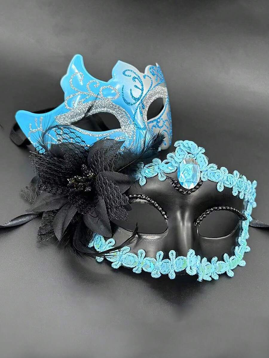 Blue Multi-angle Painted Mask & Side Flowered Little Lady Mask For Men & Women, Masquerade Party Accessory - Blue - View 1