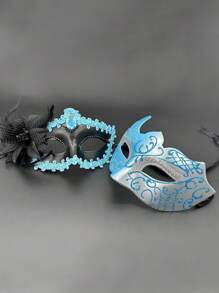 Blue Multi-angle Painted Mask & Side Flowered Little Lady Mask For Men & Women, Masquerade Party Accessory - Blue - View 4