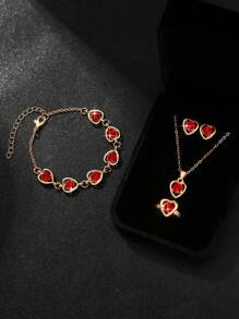 5入組復古紅色愛心鑽石珠寶套裝,適用於女性日常穿搭