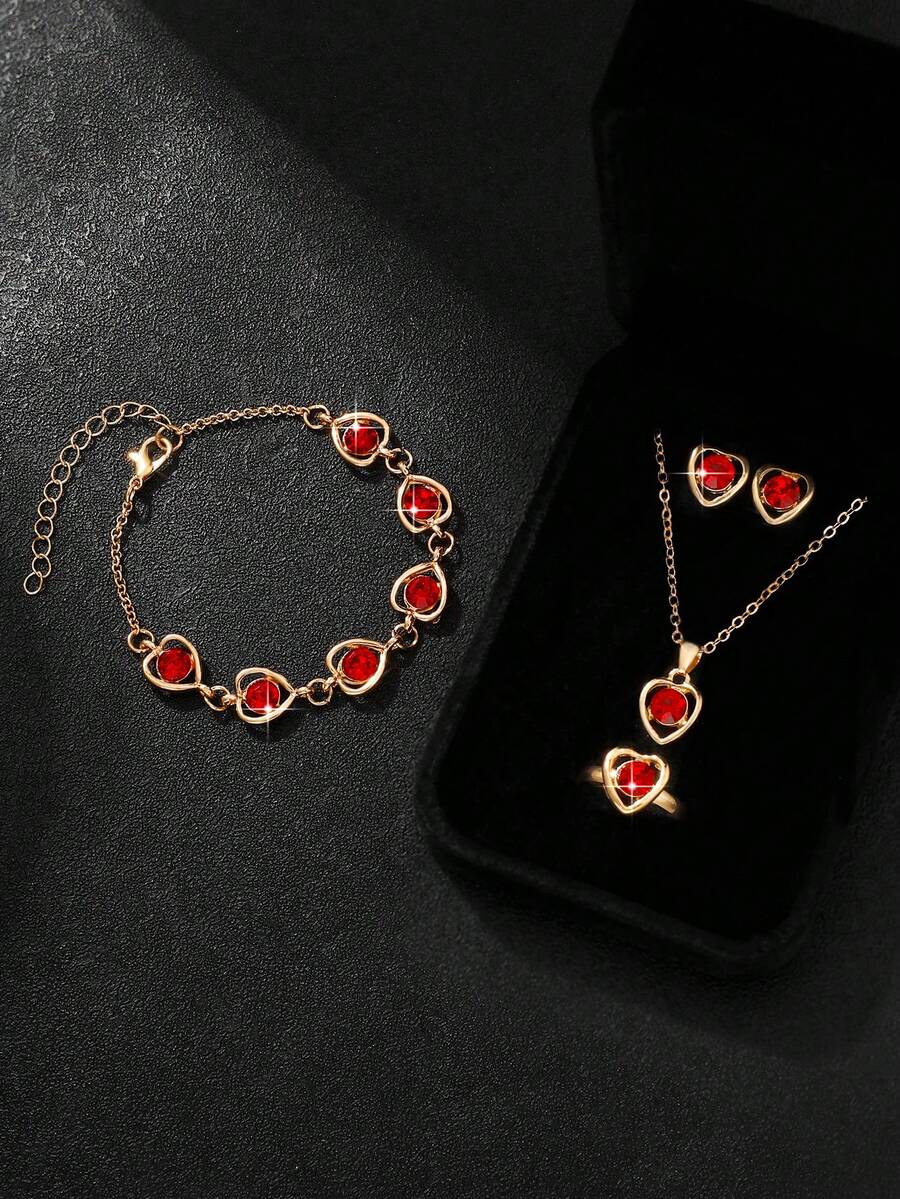 5入組復古紅色愛心鑽石珠寶套裝,適用於女性日常穿搭