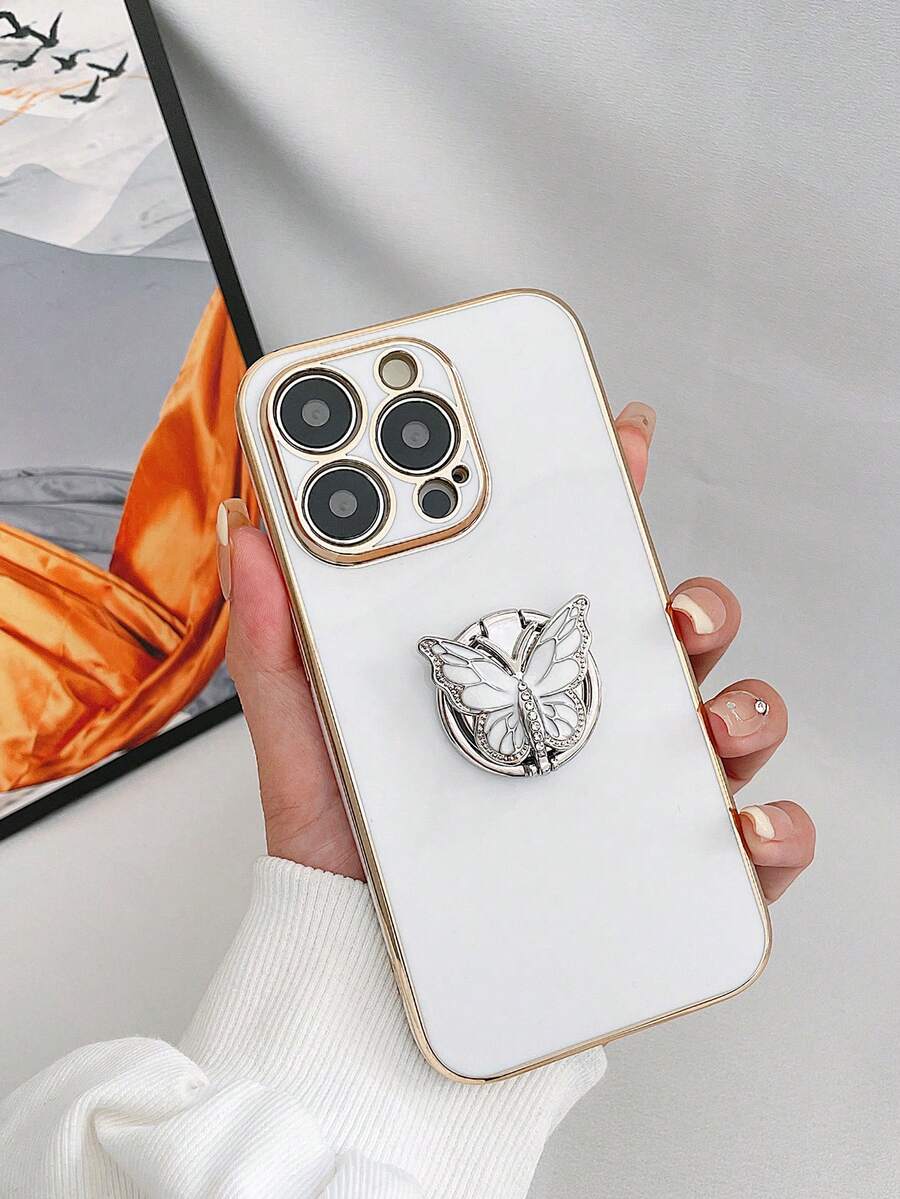 1 Funda Para Teléfono De Tpu Galvanizada 6d Con Soporte De Anillo Plegable De Mariposa, Compatible Con Teléfonos Iphone Y Samsung - Blanco - Ver 1