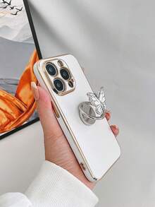 1 Funda Para Teléfono De Tpu Galvanizada 6d Con Soporte De Anillo Plegable De Mariposa, Compatible Con Teléfonos Iphone Y Samsung - Blanco - Ver 2