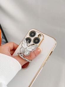 1 Funda Para Teléfono De Tpu Galvanizada 6d Con Soporte De Anillo Plegable De Mariposa, Compatible Con Teléfonos Iphone Y Samsung - Blanco - Ver 3