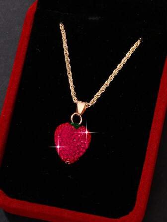 Women's Cute Red Strawberry Pendant Necklace With Rhinestones