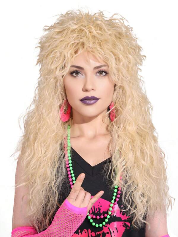 Perruque De Cheveux Synthétiques Ondulés Blonds Longs De 24 Pouces D'aspect Naturel Pour Femmes, Résistante À La Chaleur, Pour Une Utilisation Quotidienne Ou Une Discothèque Hippie À Bascule, Soirée À Thème Des Années 80 Et 90 Et Halloween Rocker métal lourd Des Années 80 Et 1980