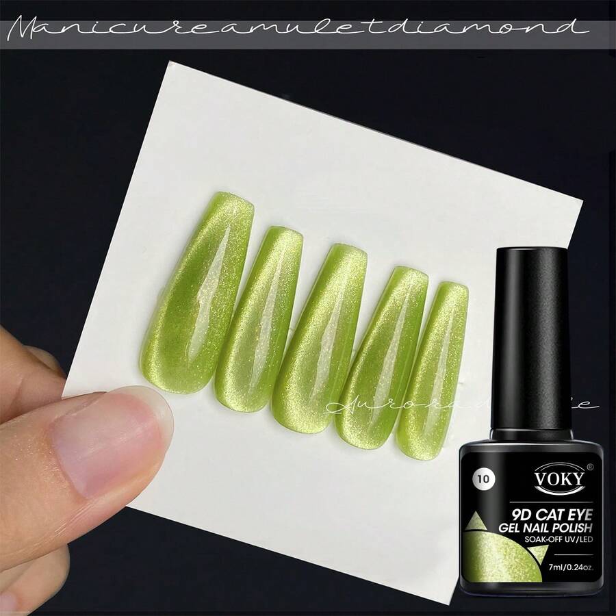Voky閃亮的9d寬磁性凝膠指甲油,含有閃亮綠色紫外光凝膠,琺瑯,聚合凝膠,美麗的鑲嵌貓眼指甲凝膠