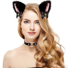 5入組貓咪cosplay服裝,包含貓耳朵和尾巴以及項圈、貓爪手套,適用於派對裝扮 - 黑色 - 查看 5