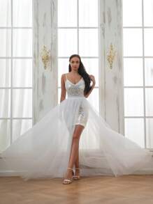 1件女款白色網紗裙，四季適用，時尚長尾連衣裙，芭蕾舞裙，適用於婚禮禮服、正式場合、Cosplay、沙灘裙，彈性腰帶，分裂設計 - 白色 - 查看 2