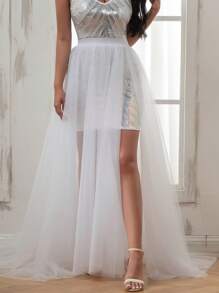 1件女款白色網紗裙，四季適用，時尚長尾連衣裙，芭蕾舞裙，適用於婚禮禮服、正式場合、Cosplay、沙灘裙，彈性腰帶，分裂設計 - 白色 - 查看 7