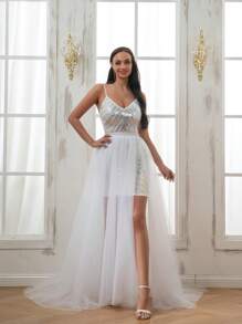 1件女款白色網紗裙，四季適用，時尚長尾連衣裙，芭蕾舞裙，適用於婚禮禮服、正式場合、Cosplay、沙灘裙，彈性腰帶，分裂設計 - 白色 - 查看 6