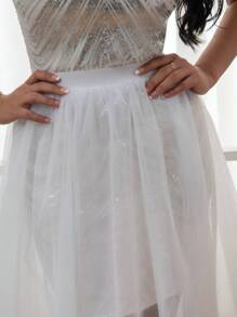1件女款白色網紗裙，四季適用，時尚長尾連衣裙，芭蕾舞裙，適用於婚禮禮服、正式場合、Cosplay、沙灘裙，彈性腰帶，分裂設計 - 白色 - 查看 9