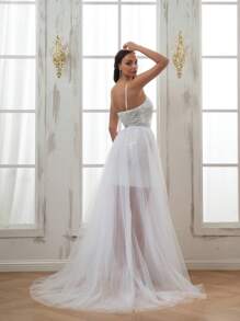 1件女款白色網紗裙，四季適用，時尚長尾連衣裙，芭蕾舞裙，適用於婚禮禮服、正式場合、Cosplay、沙灘裙，彈性腰帶，分裂設計 - 白色 - 查看 5