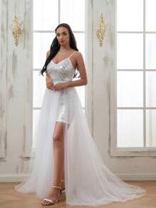 1件女款白色網紗裙，四季適用，時尚長尾連衣裙，芭蕾舞裙，適用於婚禮禮服、正式場合、Cosplay、沙灘裙，彈性腰帶，分裂設計 - 白色 - 查看 4