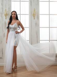 1件女款白色網紗裙，四季適用，時尚長尾連衣裙，芭蕾舞裙，適用於婚禮禮服、正式場合、Cosplay、沙灘裙，彈性腰帶，分裂設計 - 白色 - 查看 1