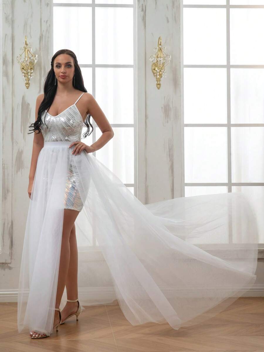 1件女款白色網紗裙，四季適用，時尚長尾連衣裙，芭蕾舞裙，適用於婚禮禮服、正式場合、Cosplay、沙灘裙，彈性腰帶，分裂設計 - 白色 - 查看 1