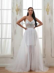 1件女款白色網紗裙，四季適用，時尚長尾連衣裙，芭蕾舞裙，適用於婚禮禮服、正式場合、Cosplay、沙灘裙，彈性腰帶，分裂設計 - 白色 - 查看 3