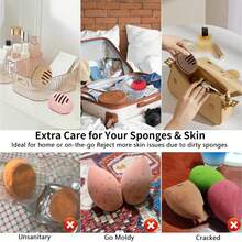 1個化妝海綿座,雙面透氣矽膠美容混合器座,適合旅行,防摔防震的化妝海綿旅行盒適用於所有海綿,易於攜帶