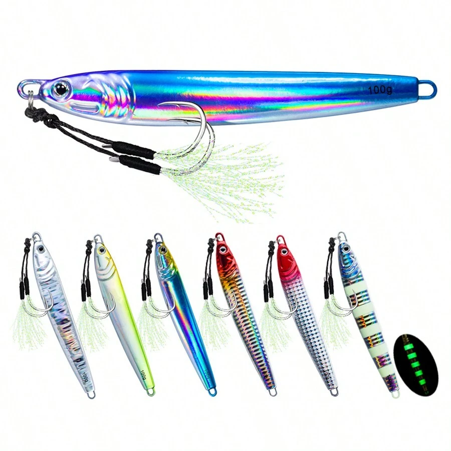 7入裝40g/80g/100g發光快速垂釣鑄造誘餌7色漁獲金屬帶助攻鈎 - 彩色 - 查看 1