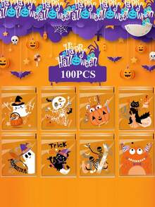 100入組萬聖節餅乾包裝袋-南瓜,幽靈等元素-自黏袋適用於派對禮物和婚禮糖果-裝飾性假日裝飾