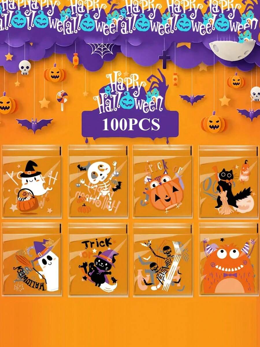 100入組萬聖節餅乾包裝袋-南瓜,幽靈等元素-自黏袋適用於派對禮物和婚禮糖果-裝飾性假日裝飾
