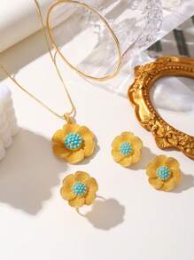 1套復古紫色石頭裝飾花形耳環、戒指、項鍊珠寶套裝,適合女性日常佩戴