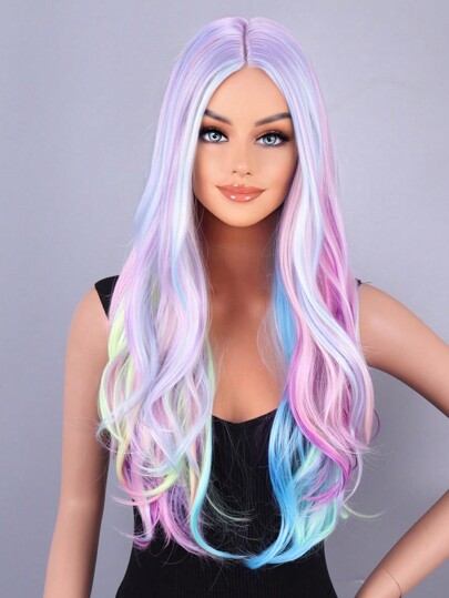 Women's Long Curly Wave-style Hair Extensions With Straight Bangs, Colorful Mixed Curl Wig Cap