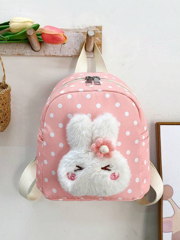 1 Peça Mochila De Nylon Para Meninas Com Padrão De Bolinhas, Decoração De Coelho Cartoon Fofo, Fechamento Com Zíper, Casual E Fashion