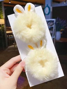 2 件裝兒童可愛毛絨立式黃色兔耳髮帶適合秋冬,可愛女孩搭配髮飾