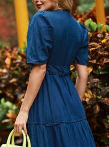 Women Denim Dresses - 深色水洗藍 - 查看 2
