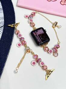 1入組簡約粉色可愛花卉金屬手錶帶，搭配彈性皮帶，適用於 Apple Watch帶 45mm 49mm 38mm 40mm 41mm 42mm 44mm，適用於 Apple Watch系列 Ultra/Se/1/2/3/4/5/6/7 - 金色 - 查看 1