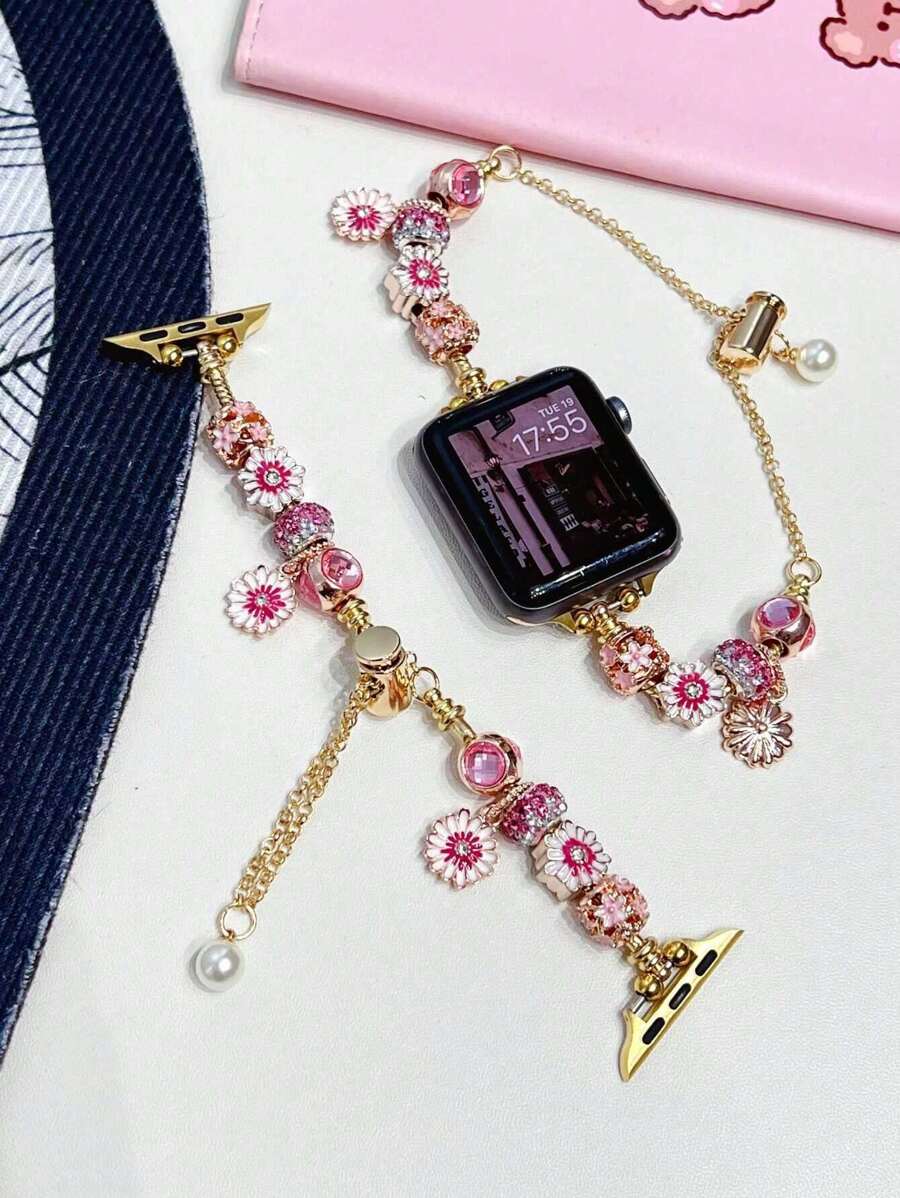 1入組簡約粉色可愛花卉金屬手錶帶，搭配彈性皮帶，適用於 Apple Watch帶 45mm 49mm 38mm 40mm 41mm 42mm 44mm，適用於 Apple Watch系列 Ultra/Se/1/2/3/4/5/6/7 - 金色 - 查看 1