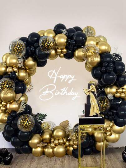 150pcs Black & Gold Shiny Sequin Balloons, Latex Chains And 2pcs Balloon Accessories, Balloon Set, Suitable For Adult Birthday, Wedding Party, 2025 New Year Party, Room Wall Backdrop Decor, Balloon Arch Decor Set, Christmas And More Occasions