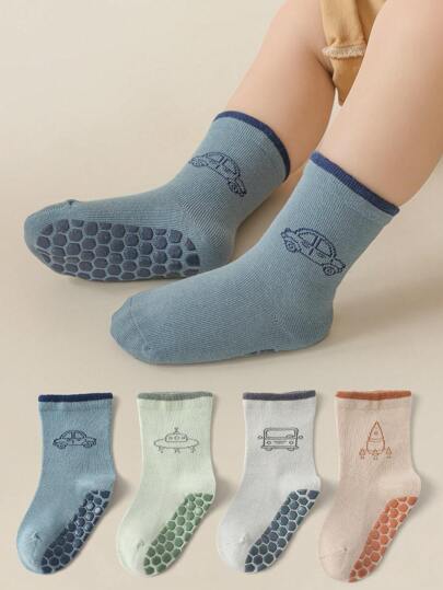 4對/卡通設計防滑舒適圓領襪,適用於嬰兒和幼兒