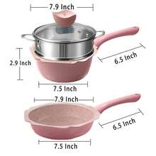 Juego de 4 sartenes y ollas de cerámica antiadherentes para lavavajillas, mini cacerola de vapor, para cocinar alimentos para bebés, niños - Rosa - Ver 2