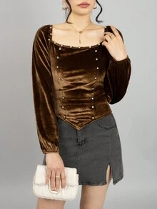 Blusa linda corta unicolor para mujer de tela velour con piedras y cuello cuadrado - Marrón - Ver 2