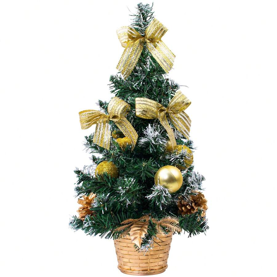 Mini Artificial Christmas Tree With Pinecones And Berries, 40cm, Braided Pot Base, Great For Christmas Decoration, Home, Kitchen, Dining Table (gold) - Gold - View 1