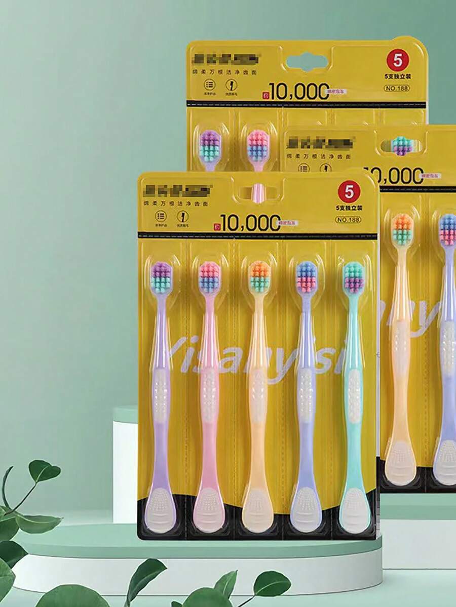 5入組寬頭軟毛牙刷+5入組窄頭細毛成人家用牙刷,雙效舌刷 - 彩色 - 查看 1