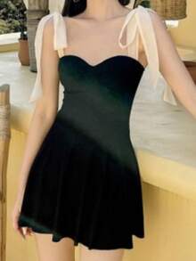 2025 New Arrival Women Wrap Skirt Style One-Piece Swimsuit, Sexy Yet Conservative, Tummy Slimming, Bust Enhancing, Ideal For Spa & Pool - Black and White - View 2