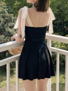 2025 New Arrival Women Wrap Skirt Style One-Piece Swimsuit, Sexy Yet Conservative, Tummy Slimming, Bust Enhancing, Ideal For Spa & Pool - Black and White - View 3