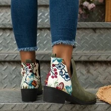 Women's Ankle Boots, Random Flower Pattern - Green - View 4