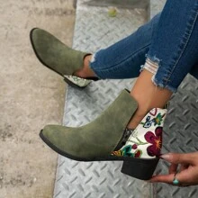 Women's Ankle Boots, Random Flower Pattern - Green - View 1