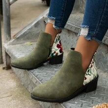 Women's Ankle Boots, Random Flower Pattern - Green - View 2