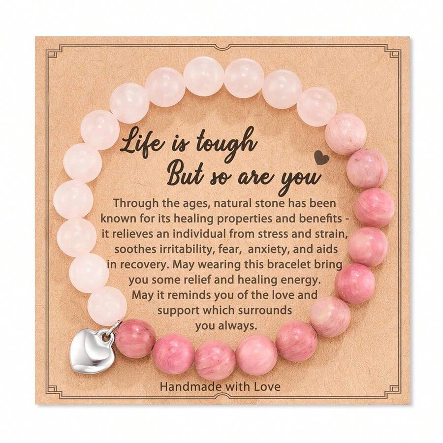 1入天然石頭珠寶手鍊,附有愛心吊墜以及祝福讚賞卡片,治療手鍊女性禮物